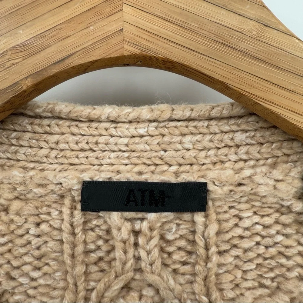 ATM Chunky Cable Knit Melillo Wool & Cotton Blend V-Neck Cardigan Sweater Size M